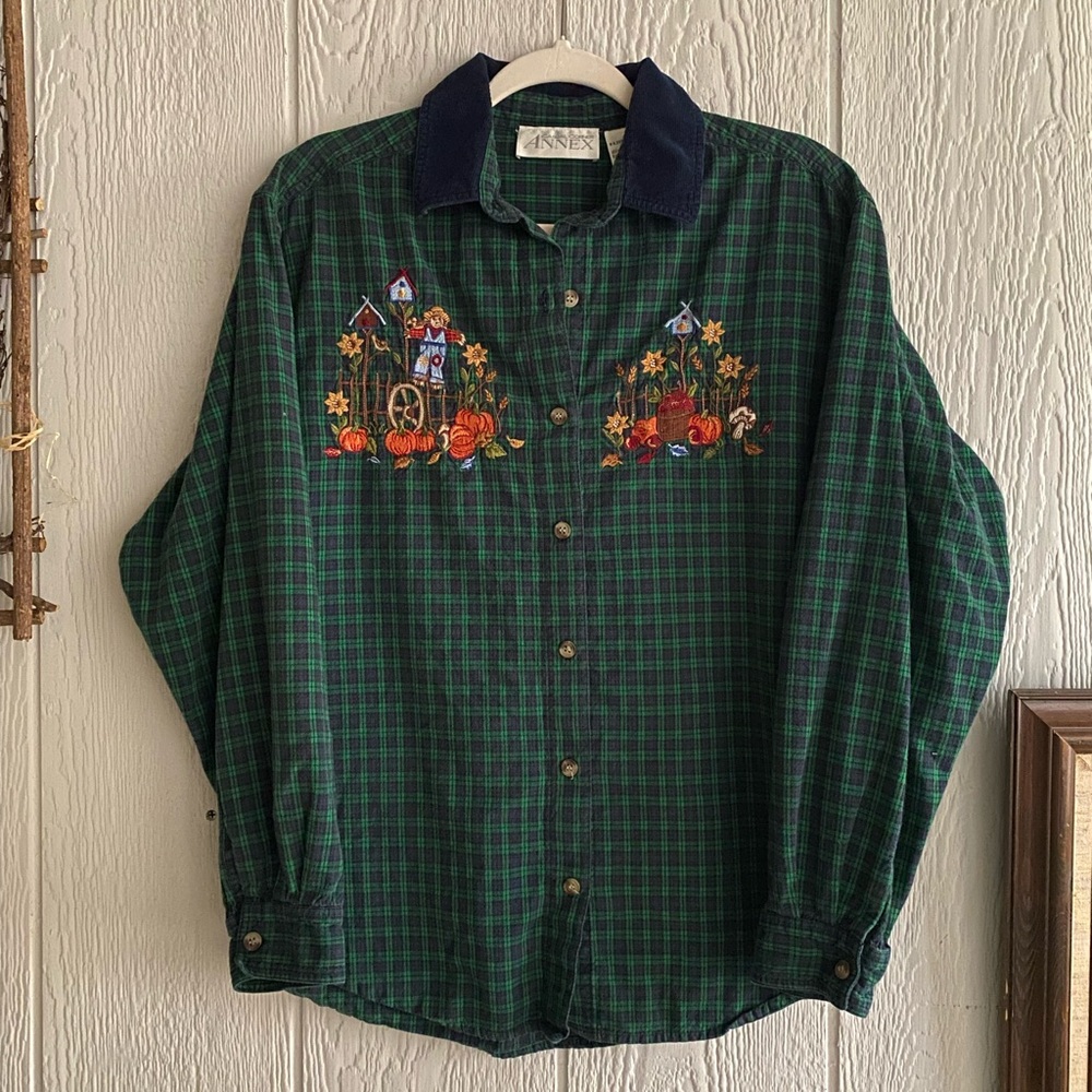Vtg Green Navy Plaid Fall Embroidered Scene Long Sleeve Blue Corduroy Collar L